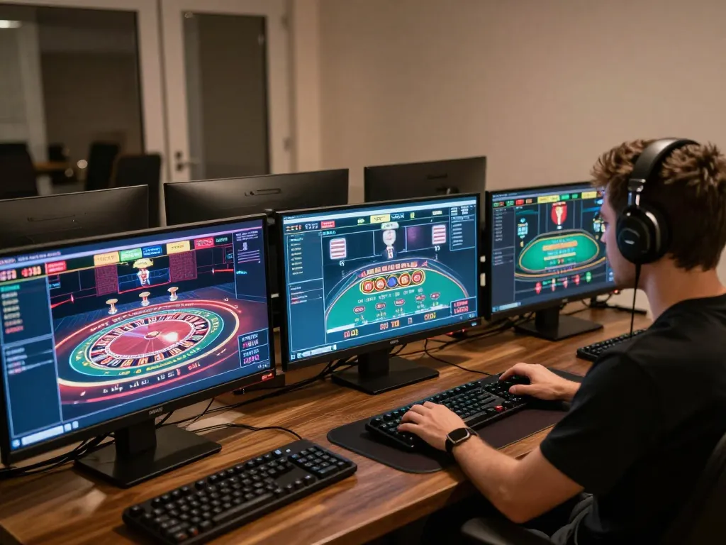 Engaging with multiple games on 98win. com at a professional online gaming setup, showcasing strategic gameplay