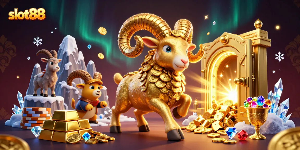 Permainan slot88 yang mendebarkan dengan ram emas bercula dan tumpukan koin, dikelilingi cahaya harta berkilau.