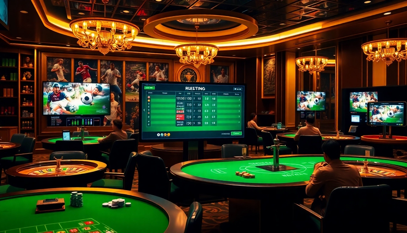 Engaging scene of a trang web cược bóng đá with vibrant casino elements, showcasing online betting excitement.