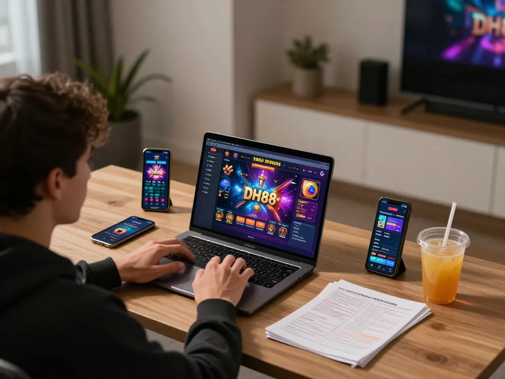 Player enjoying online DH88 gaming experience on laptop with vibrant interface and strategy notes