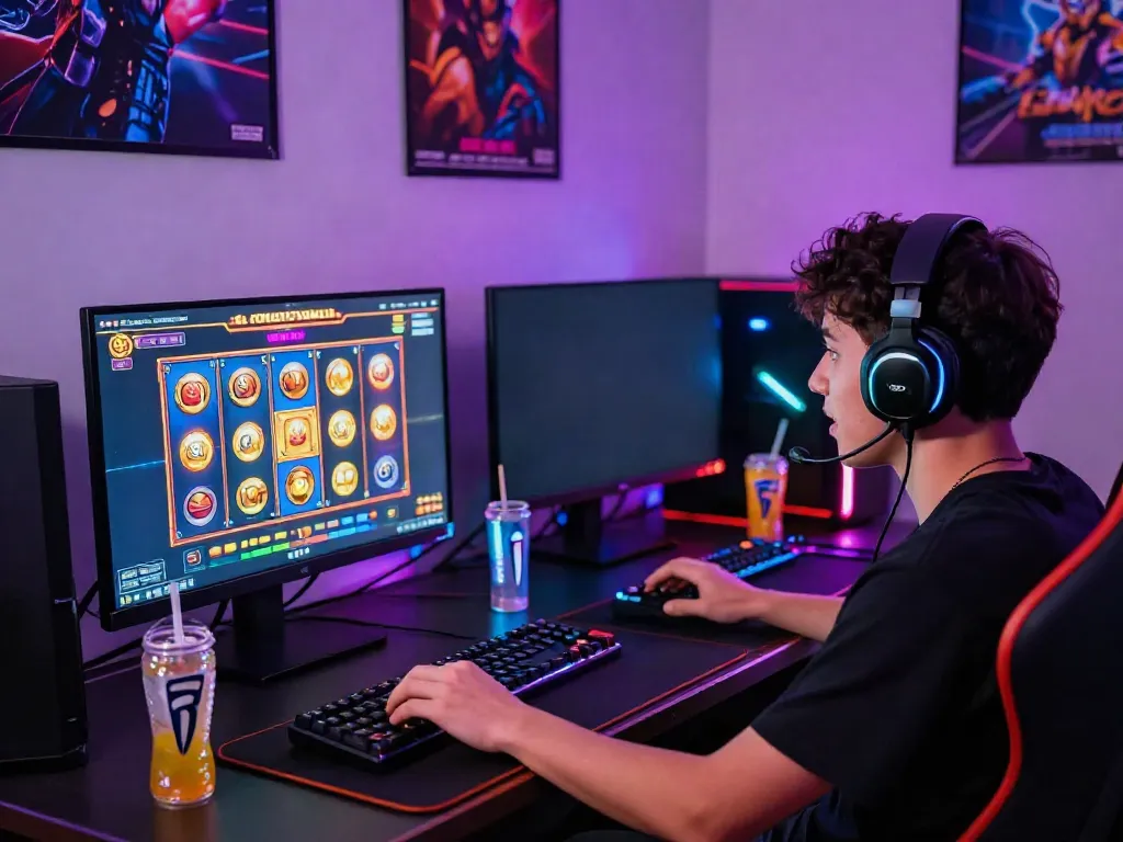 Engaged player enjoying SLOT GACOR game in a vibrant gaming room.