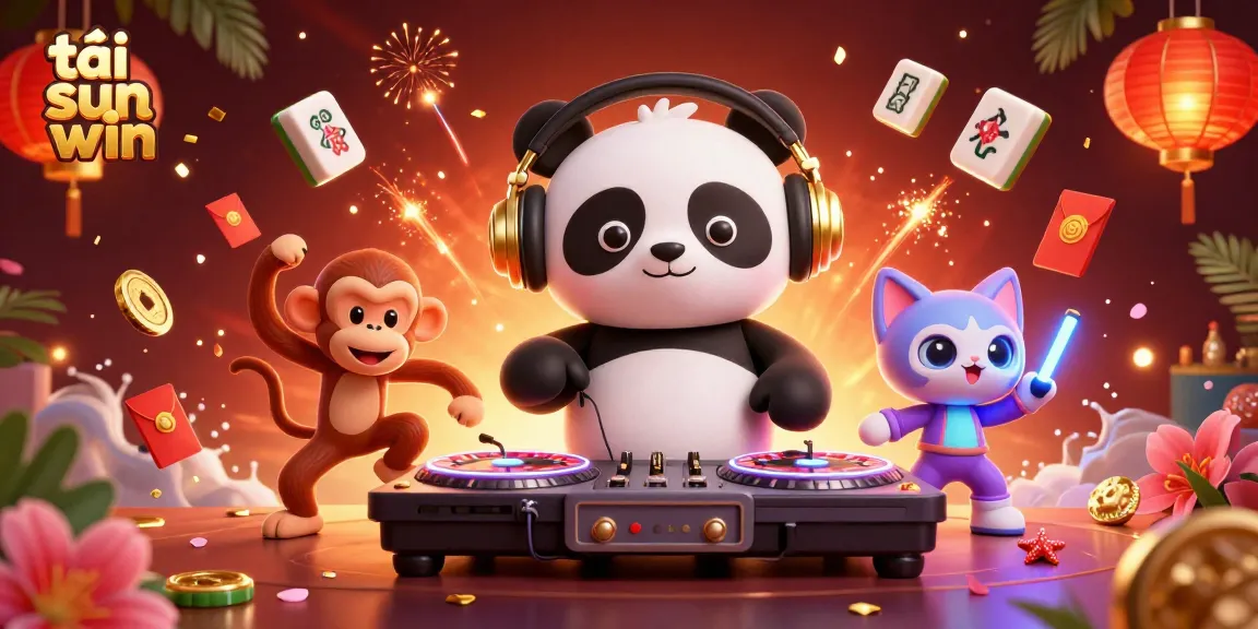 Join the fun at tải sun win, featuring a DJ panda and vibrant casino elements in this colorful illustration.