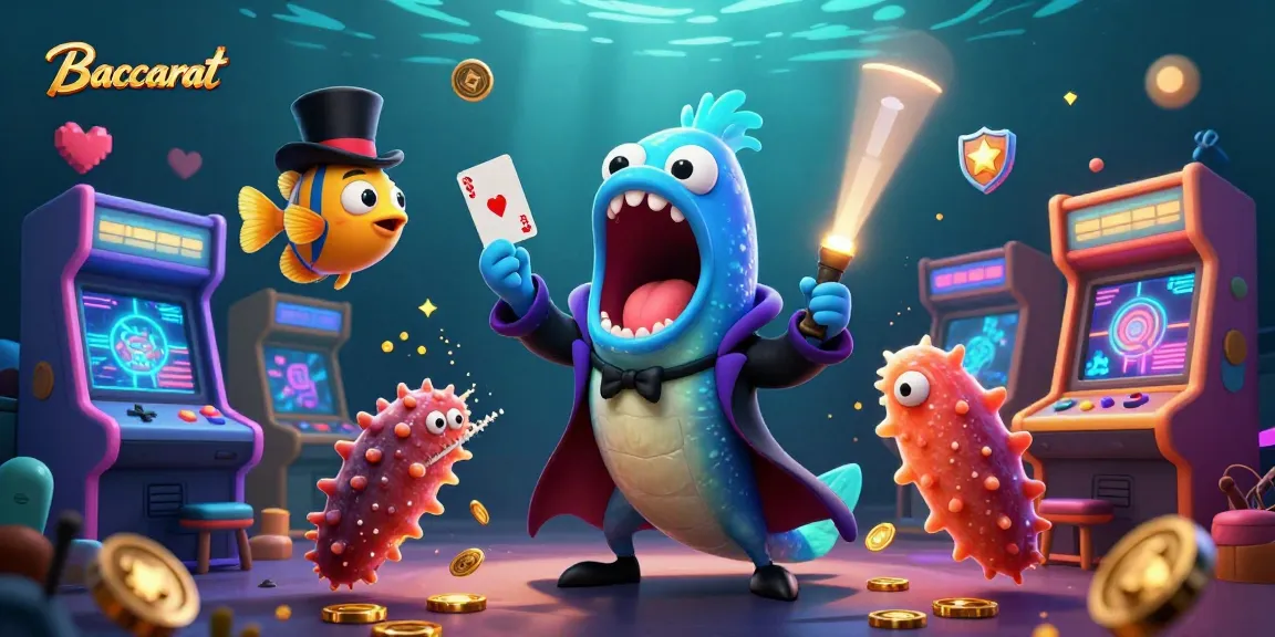 Baccarat game illustration with a bioluminescent eel performing card tricks, colorful arcade elements, and a magical underwater scene.