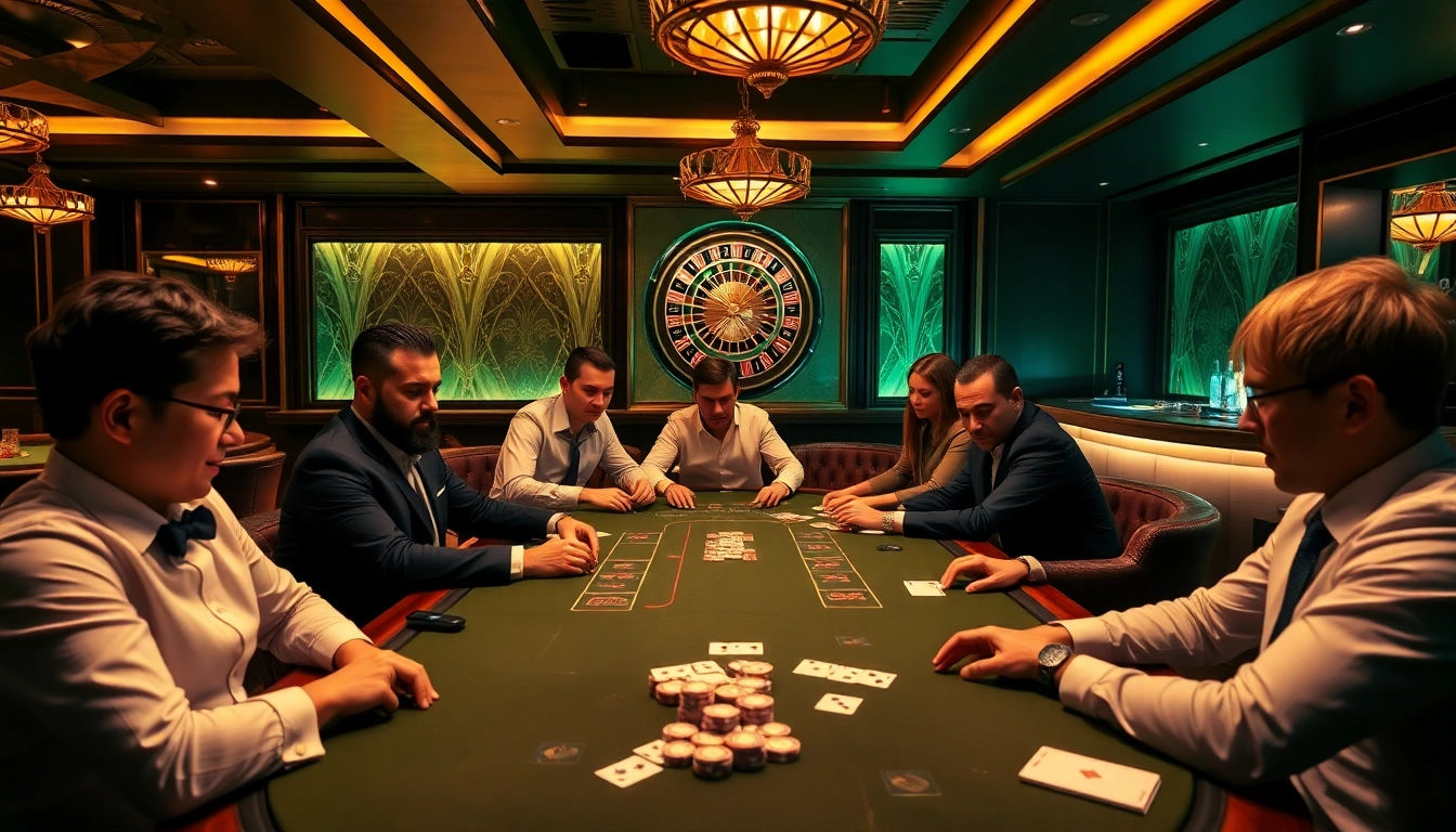 Players enjoying a thrilling game at ClubGG poker club table in a luxurious casino setting.