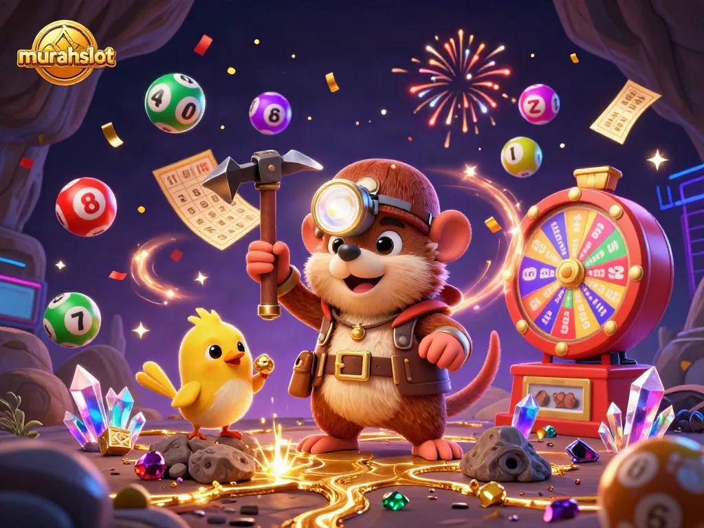 Jelajahi kemeriahan permainan di murahslot dengan mole pemburu harta dan bola lotere yang melambung.