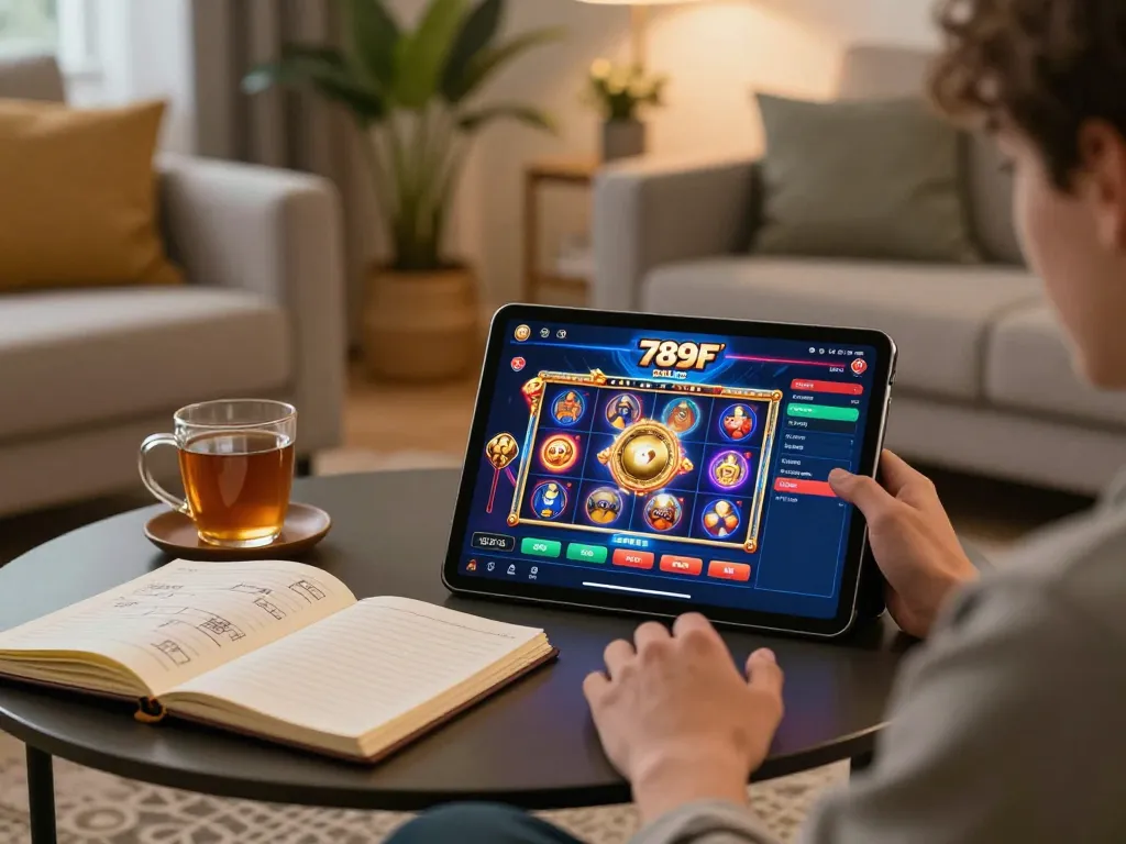 Player immersed in online gaming with 789F’s app, showcasing vibrant slot graphics.