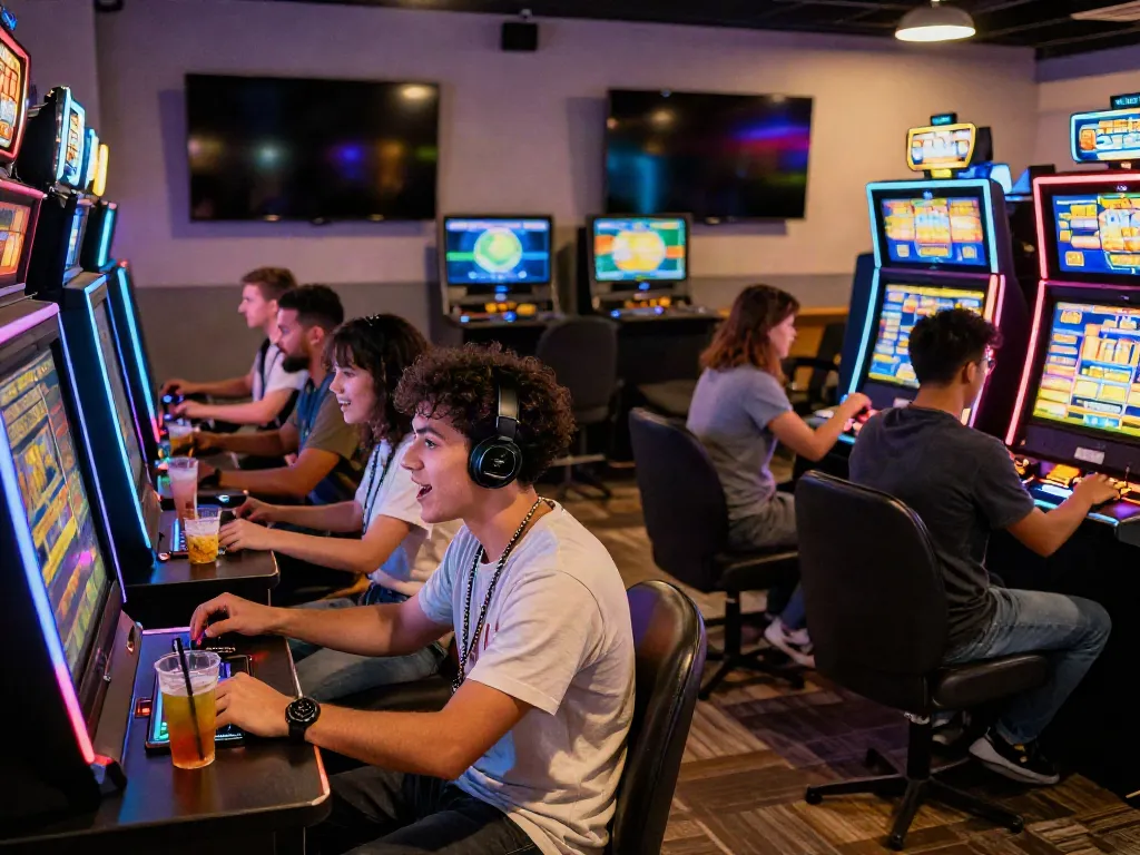 Engaged players enjoying slot games in a colorful gaming lounge.
