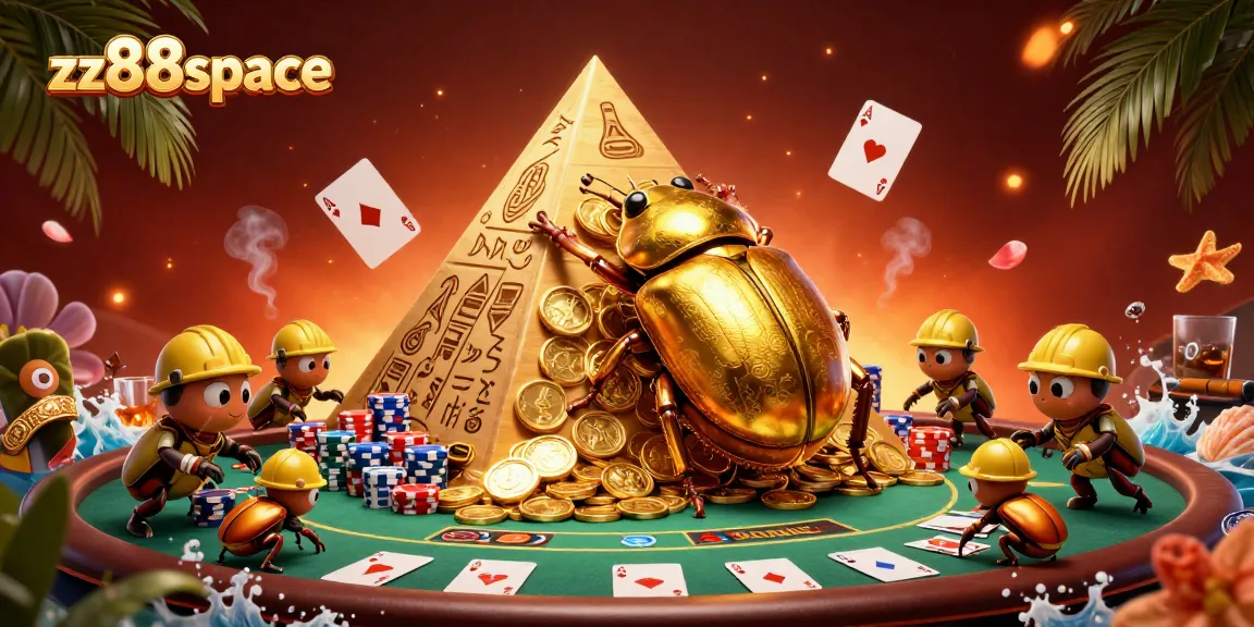 Join zx88space in a thrilling 3D casino adventure featuring a golden dung beetle and poker elements.