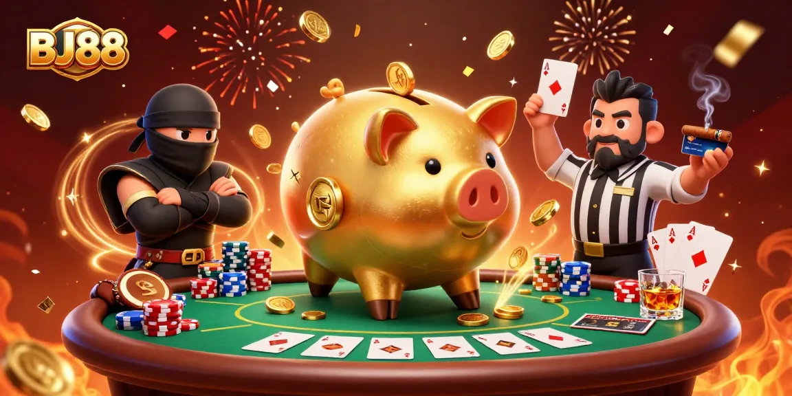 Engage with BJ88's dynamic gaming scene featuring exciting casino elements and vibrant characters.