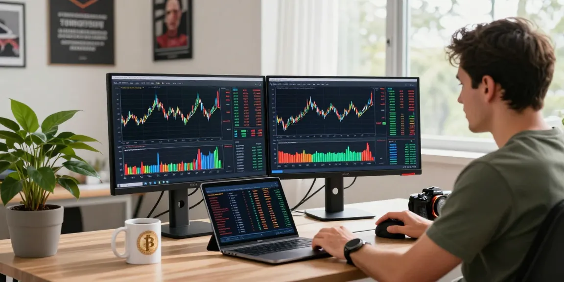 Отзывы BitMEX: трейдер анализирует графики криптовалют на двойных мониторах в современном офисе