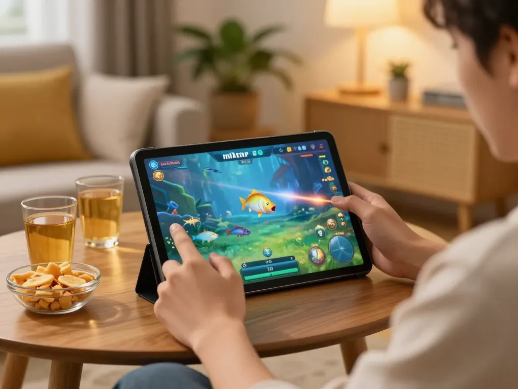 Mẹo chơi bắn cá Luck8 showcased in an engaging online gaming scene at home with a player aiming for aquatic targets.