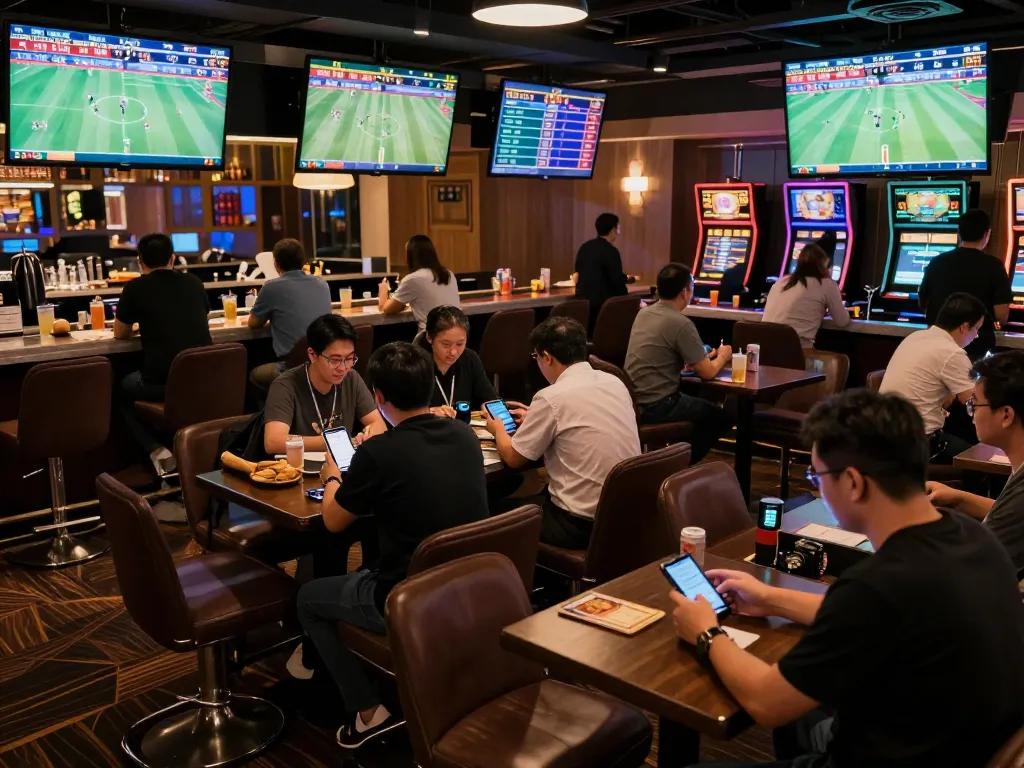 Engaging sports betting lounge scene showcasing tin soi kèo updates with patrons placing bets under vibrant TV screens.
