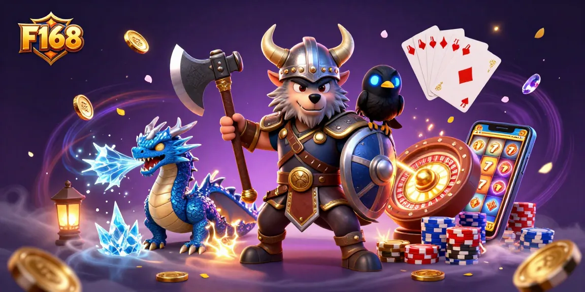 Experience the thrill of F168 with a Viking warrior and his dragon amidst cascading coins and vibrant casino elements.