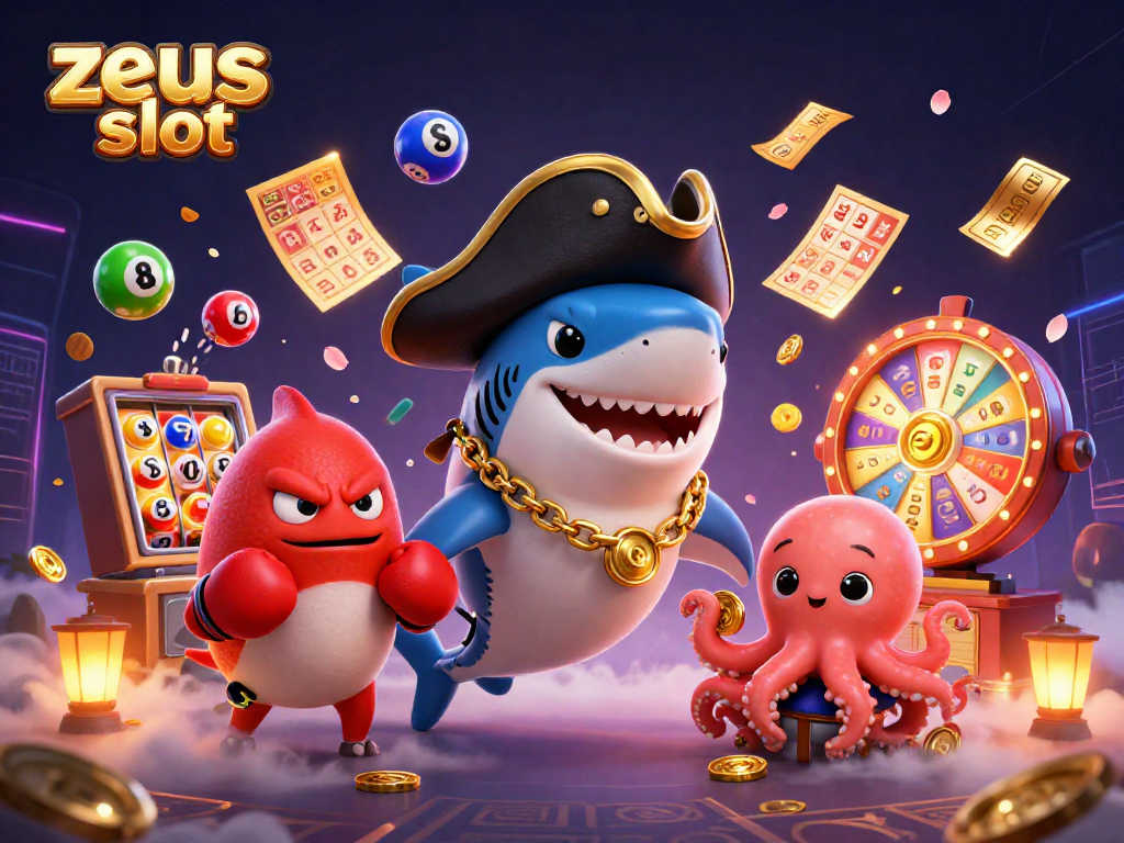 Experience thrilling wins with zeus slot as cartoon characters celebrate surrounded by colorful gaming elements.