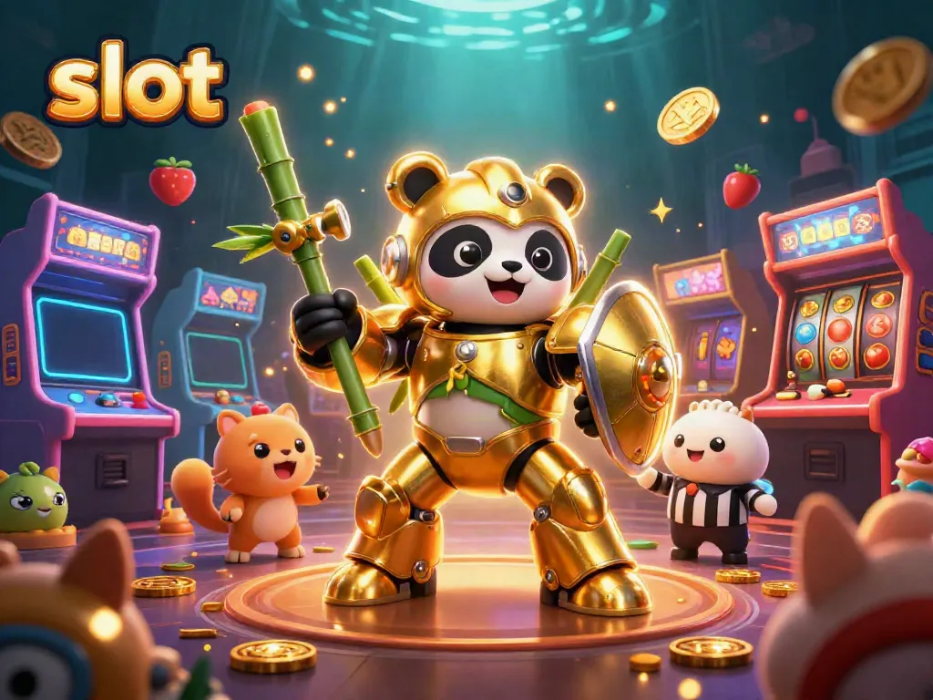 Permainan slot yang mendebarkan dengan panda emas dalam robot di arena kasino, penuh simbol buah dan jackpot.