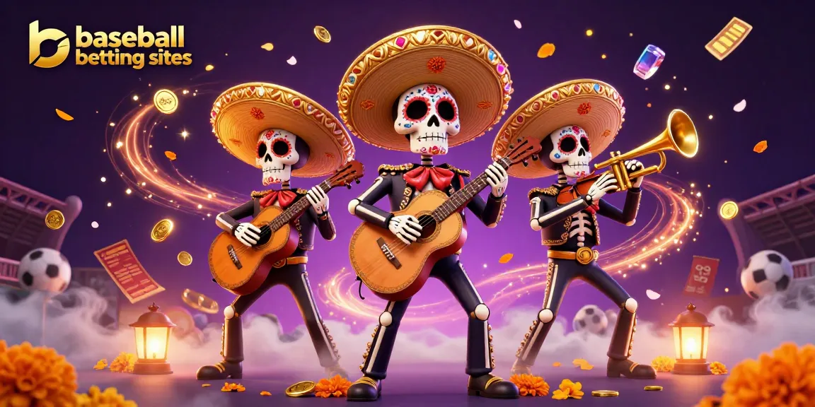 Engage with top baseball betting sites featuring a dynamic Day of the Dead mariachi band illustration.
