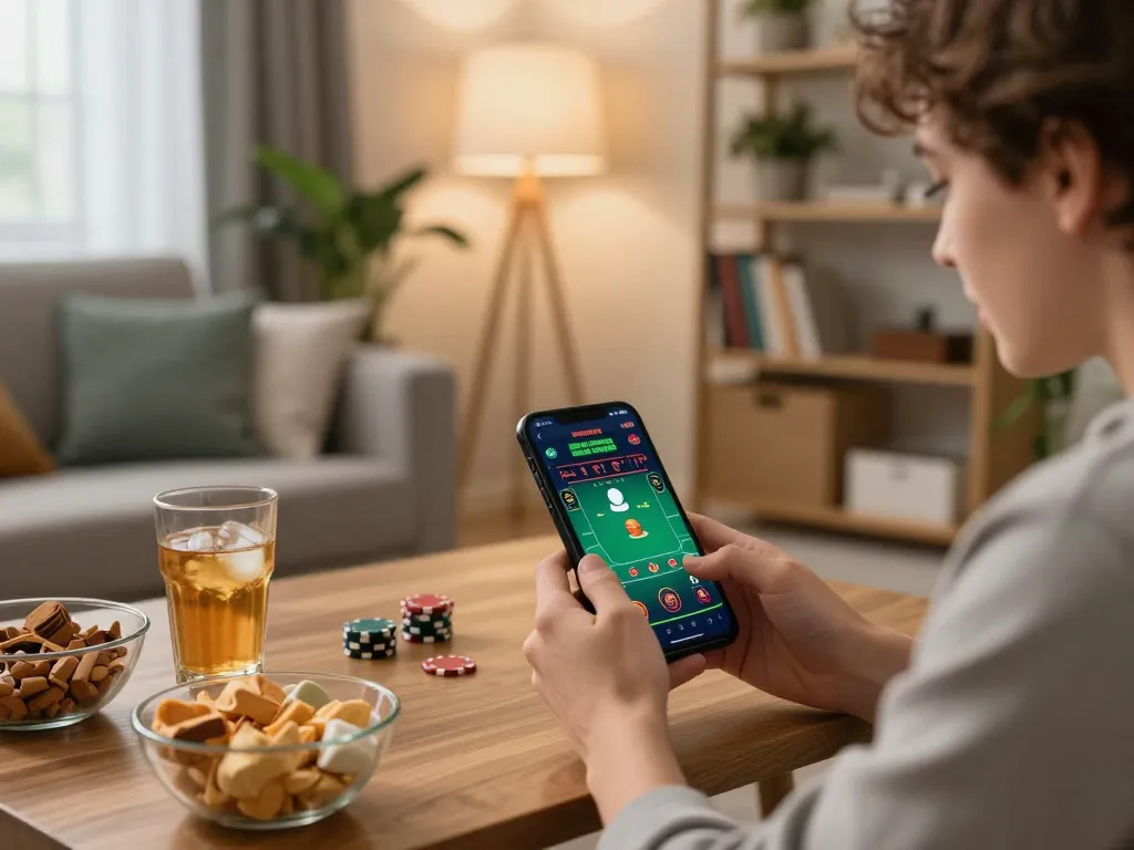 King33 mobile gaming app displayed on smartphone, showcasing live casino gameplay in cozy home setting.