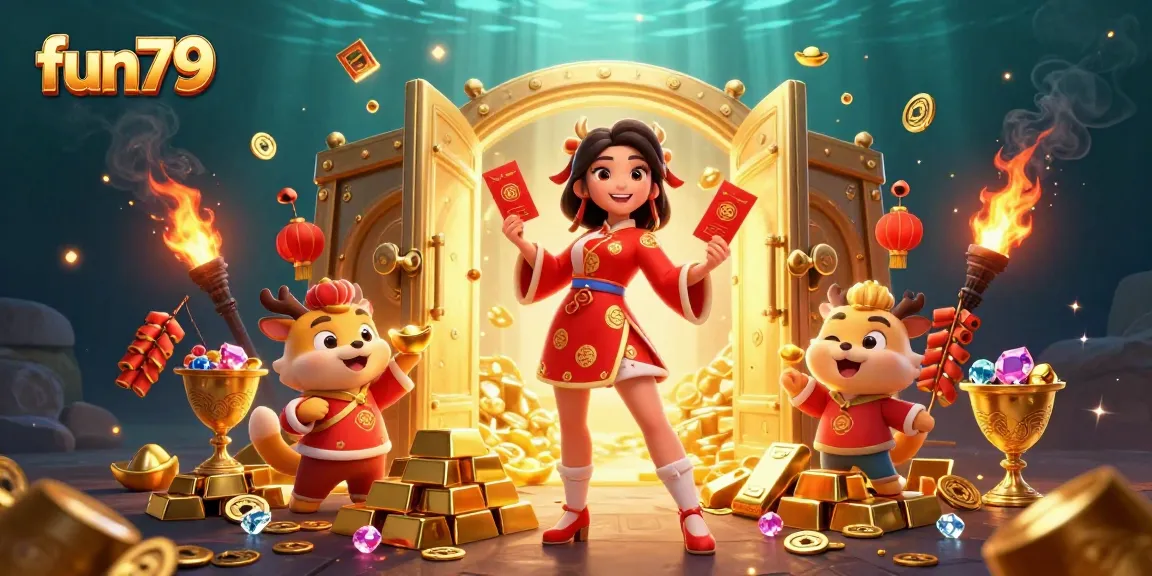 Experience thrilling gameplay at fun79 with a vibrant Lunar New Year scene overflowing with treasures.