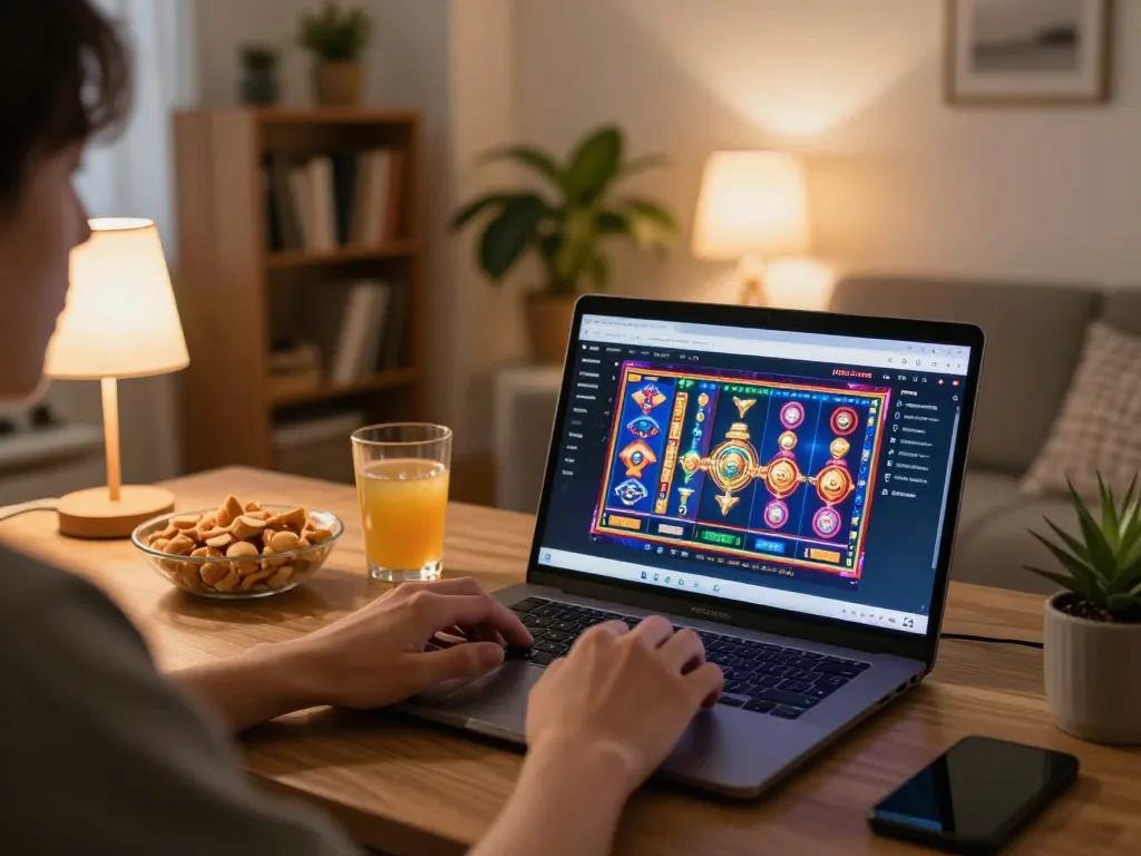 IDNSCORE online gaming session showcasing vibrant slot games on a laptop screen, relaxed atmosphere with snacks.