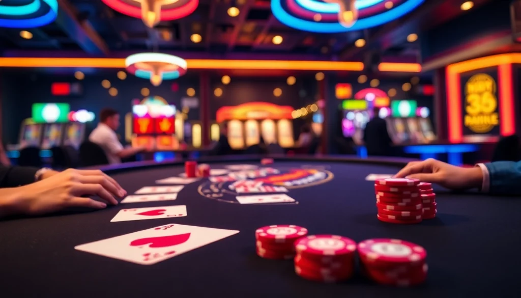 Players enjoying a game at the Blackjack Casino, showcasing a lively atmosphere with chips and cards.