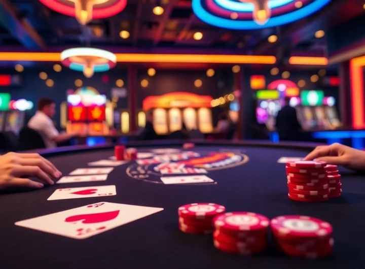Players enjoying a game at the Blackjack Casino, showcasing a lively atmosphere with chips and cards.