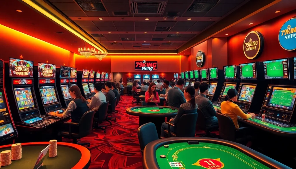 Engaging scene of diverse players enjoying modern casino games at 79king hn, showcasing vibrant betting options and high rewards.