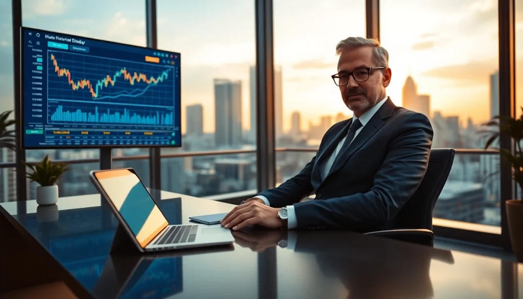 Conseiller professionnel avec des graphiques financiers numériques promouvant 79king hn dans un bureau moderne pour 2025.
