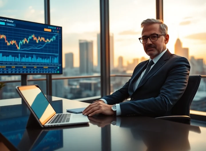 Conseiller professionnel avec des graphiques financiers numériques promouvant 79king hn dans un bureau moderne pour 2025.