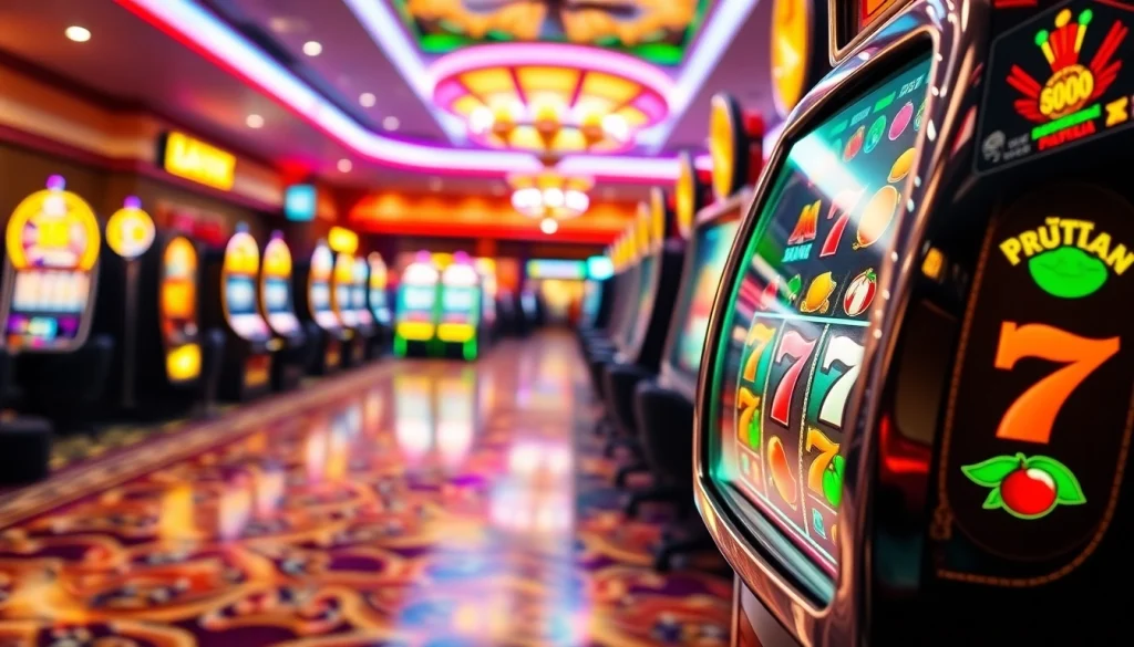 Main Slot Game mesin dengan pencahayaan cerah dan suasana kasino yang meriah.