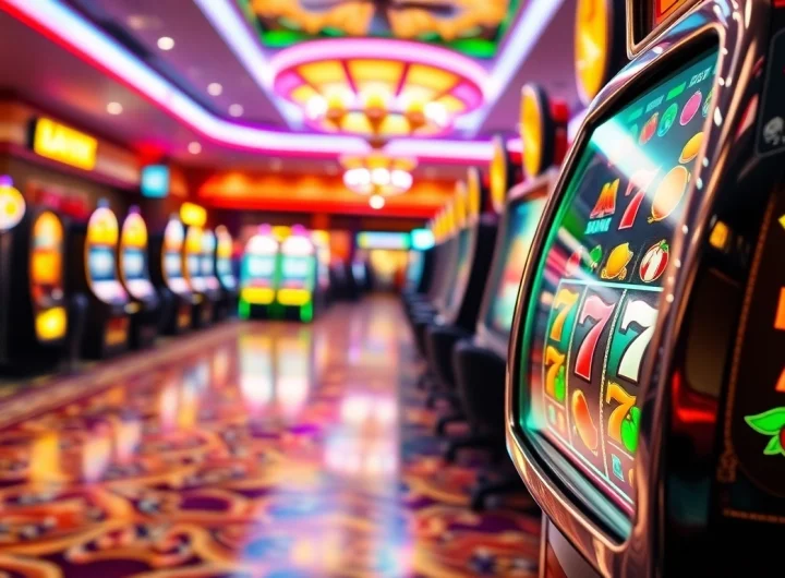 Main Slot Game mesin dengan pencahayaan cerah dan suasana kasino yang meriah.