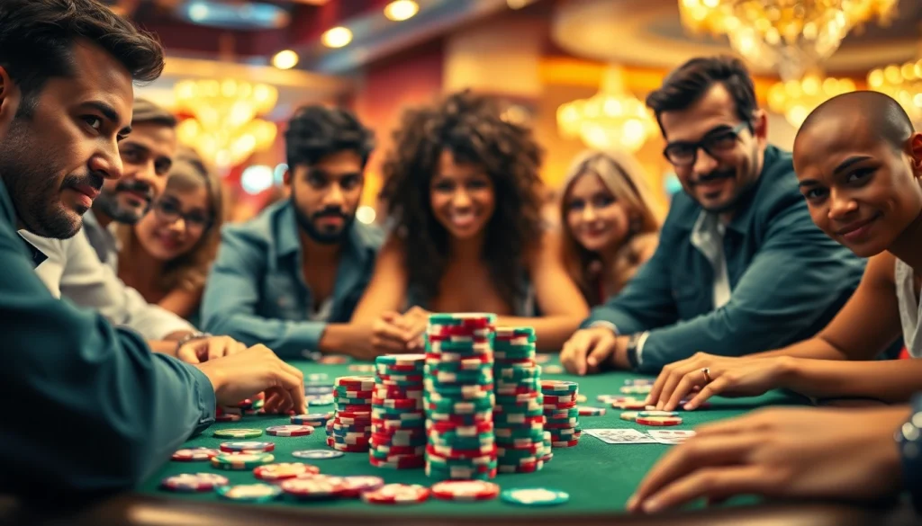Players immersed in a Poker Game, showcasing strategy and excitement at a vibrant casino table.