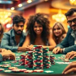 Players immersed in a Poker Game, showcasing strategy and excitement at a vibrant casino table.