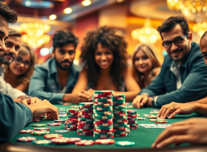 Players immersed in a Poker Game, showcasing strategy and excitement at a vibrant casino table.