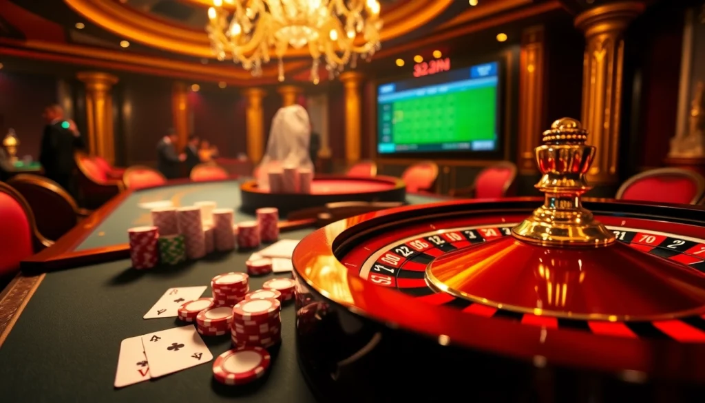 Experience the thrilling atmosphere of 32win.com with vibrant poker chips and a roulette wheel, embodying casino elegance.