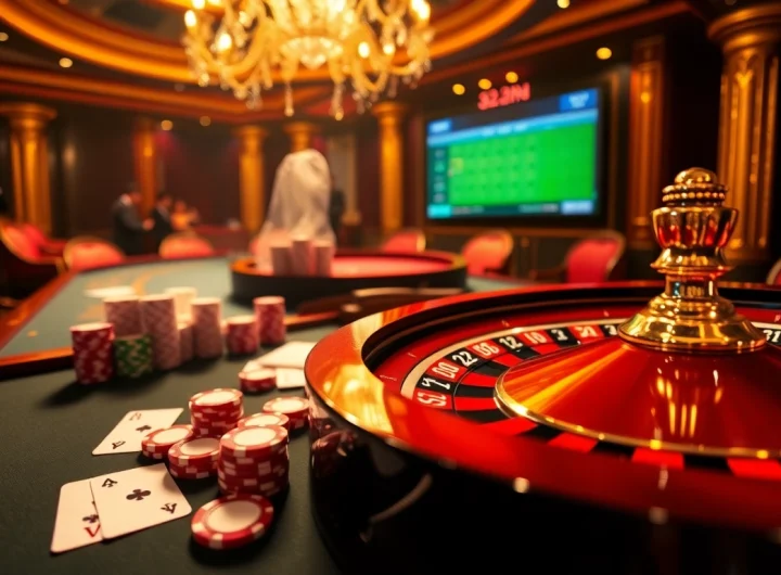 Experience the thrilling atmosphere of 32win.com with vibrant poker chips and a roulette wheel, embodying casino elegance.