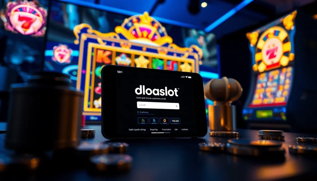 doaslot login screen displayed on a smartphone amidst vibrant slot game graphics, creating an engaging online gaming atmosphere