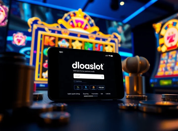 doaslot login screen displayed on a smartphone amidst vibrant slot game graphics, creating an engaging online gaming atmosphere
