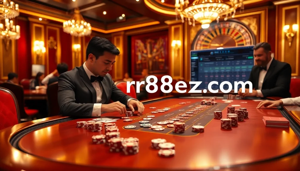 Intense blackjack action at an elegant casino with rr88ezcom interface visible, capturing the thrill of gambling.
