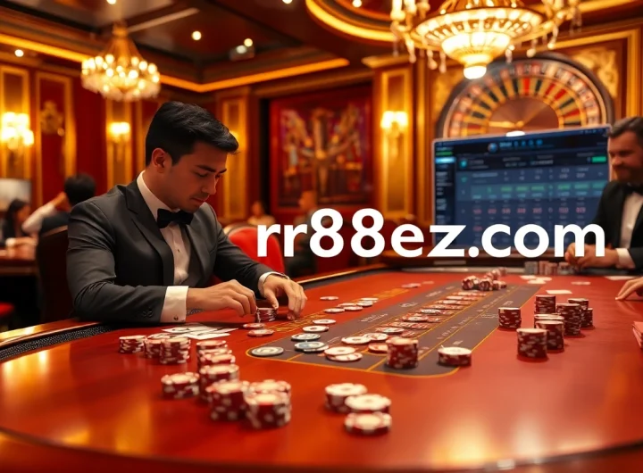 Intense blackjack action at an elegant casino with rr88ezcom interface visible, capturing the thrill of gambling.