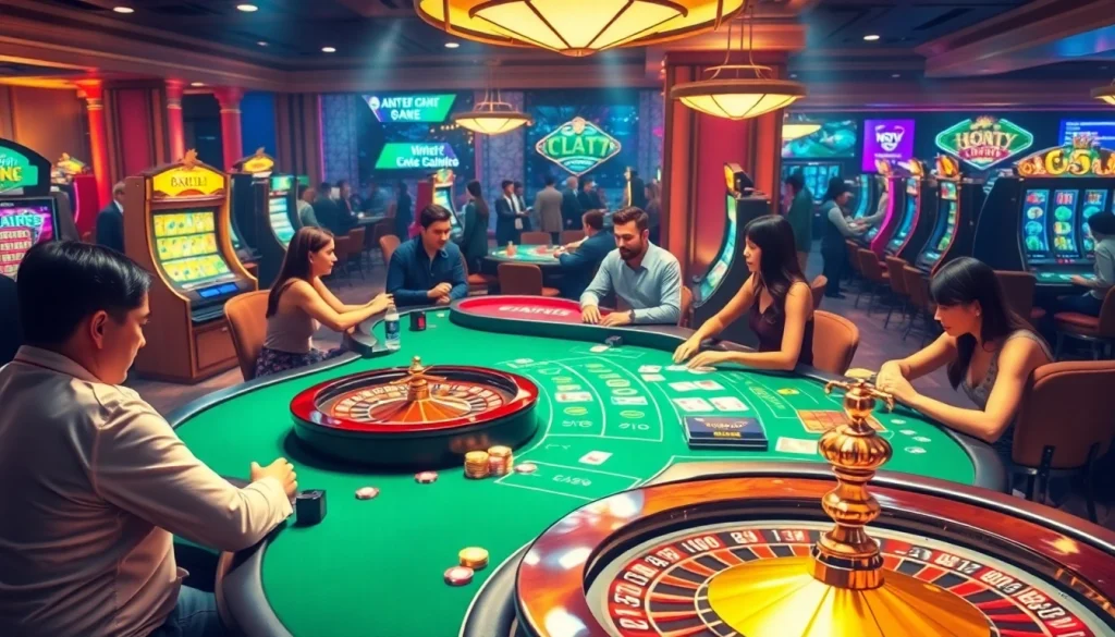 Players enjoying various games and showcasing strategies at https://kjc.jp.net/ casino scene with vibrant atmosphere.