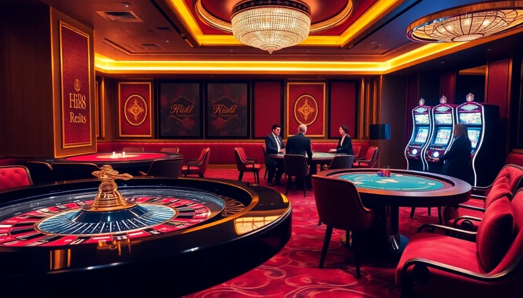 Hi88 VIP gaming experience showcasing roulette, poker, and slot machines in a luxurious casino setting.