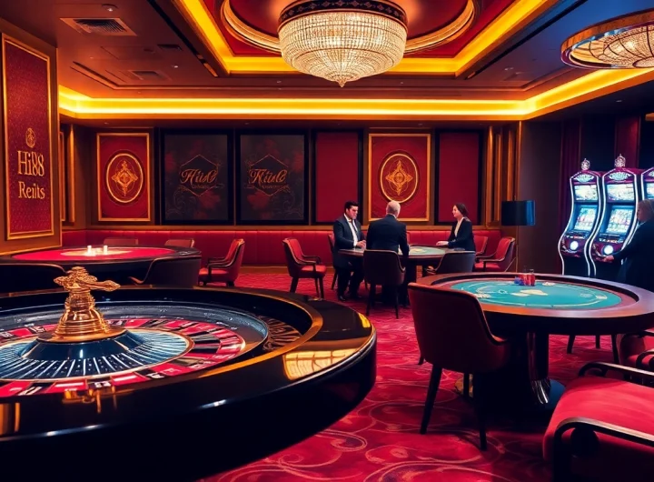 Hi88 VIP gaming experience showcasing roulette, poker, and slot machines in a luxurious casino setting.