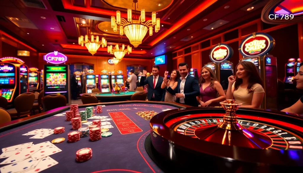 CF789 casino scene showcasing players engaging with vibrant gambling tables and slot machines.