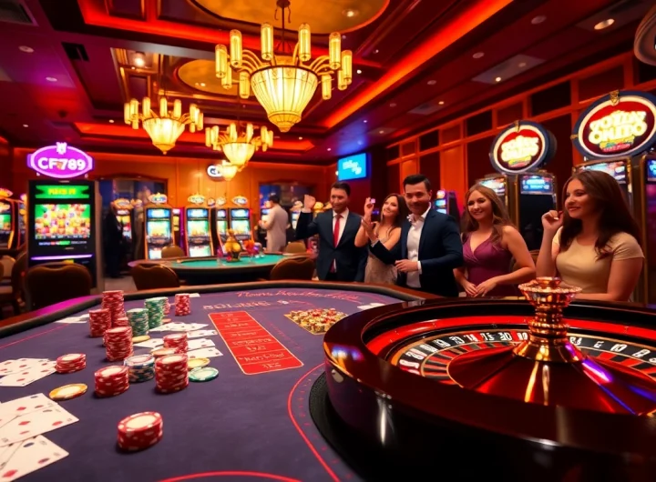 CF789 casino scene showcasing players engaging with vibrant gambling tables and slot machines.