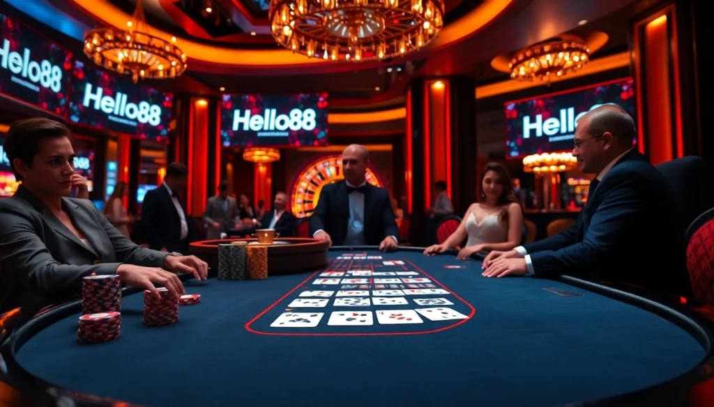 Exciting casino scene showcasing Hello88 with poker table, chips, and roulette wheel.