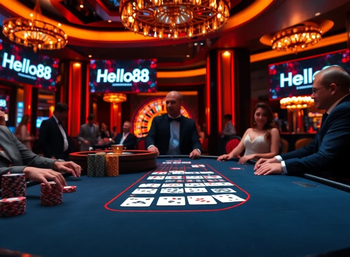 Exciting casino scene showcasing Hello88 with poker table, chips, and roulette wheel.
