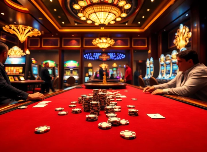 Intensely focused players engage with a poker table at https://32win.capital, showcasing high-stakes and excitement in a luxury casino.