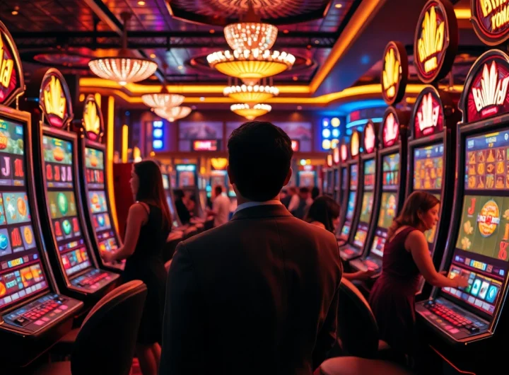 Excited gamblers playing at luxurious 슬롯사이트 slot machines in a vibrant casino environment.