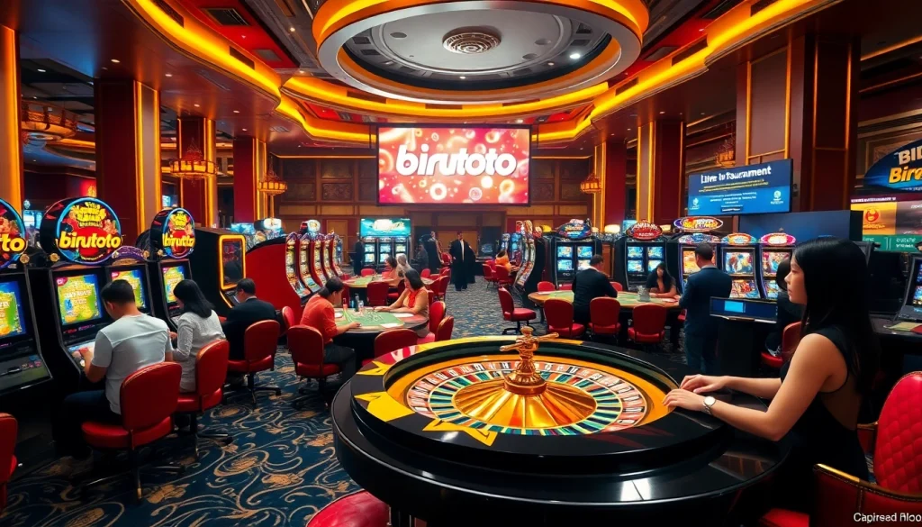 Rasakan sensasi bermain Birutoto dengan pemain yang dinamis, meja kasino, dan mesin slot yang menyala terang.