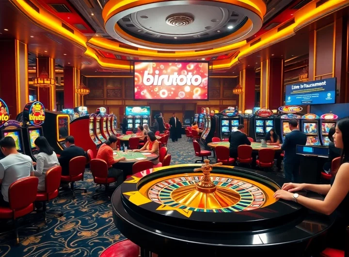 Rasakan sensasi bermain Birutoto dengan pemain yang dinamis, meja kasino, dan mesin slot yang menyala terang.